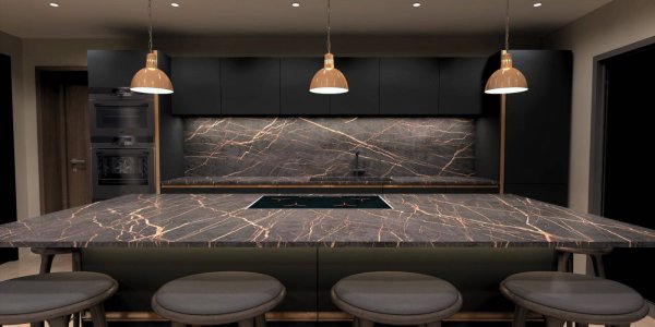 luxury modern true handleless dark matte kitchen island with led lighting and matte black hob