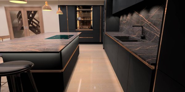 luxury modern true handleless dark matte kitchen with island and matte black sink and tap