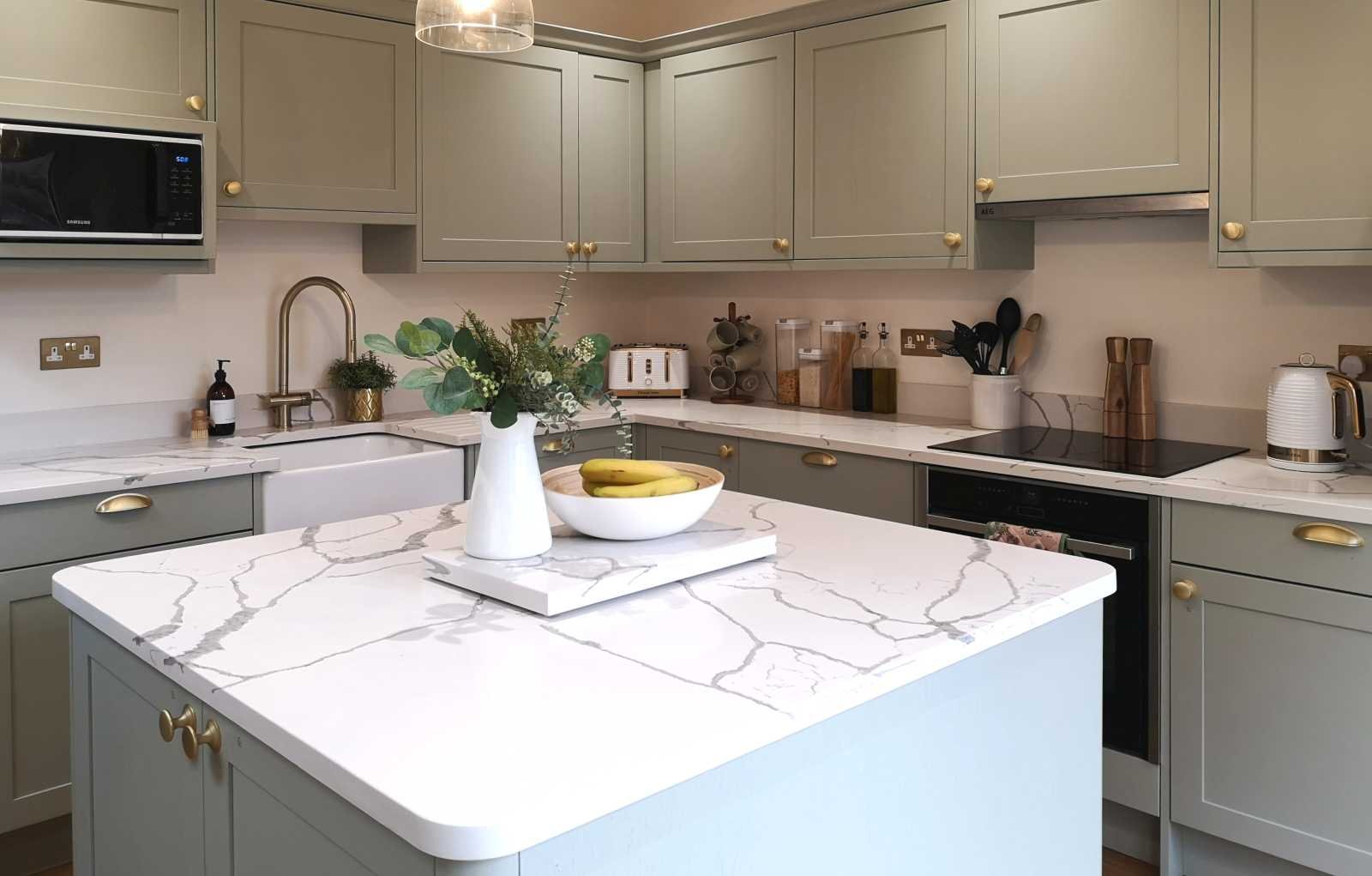 contemporary shaker style solid wood kitchen with island painted sage green