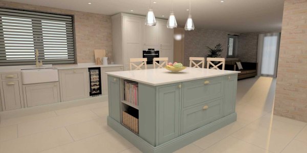 inframe shaker style kitchen with sage green island