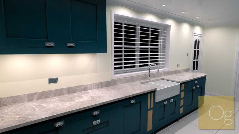 Inframe shaker kitchen marine blue towards back door