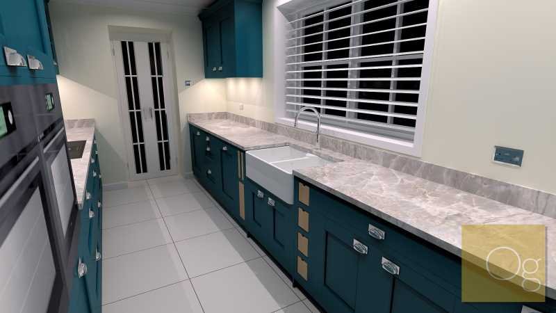Inframe shaker kitchen marine blue towards dining room