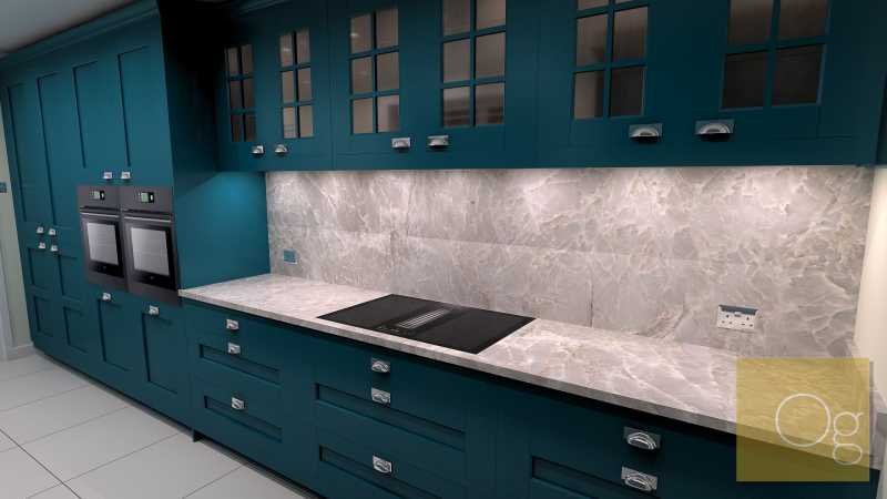 Inframe shaker kitchen marine blue hob area