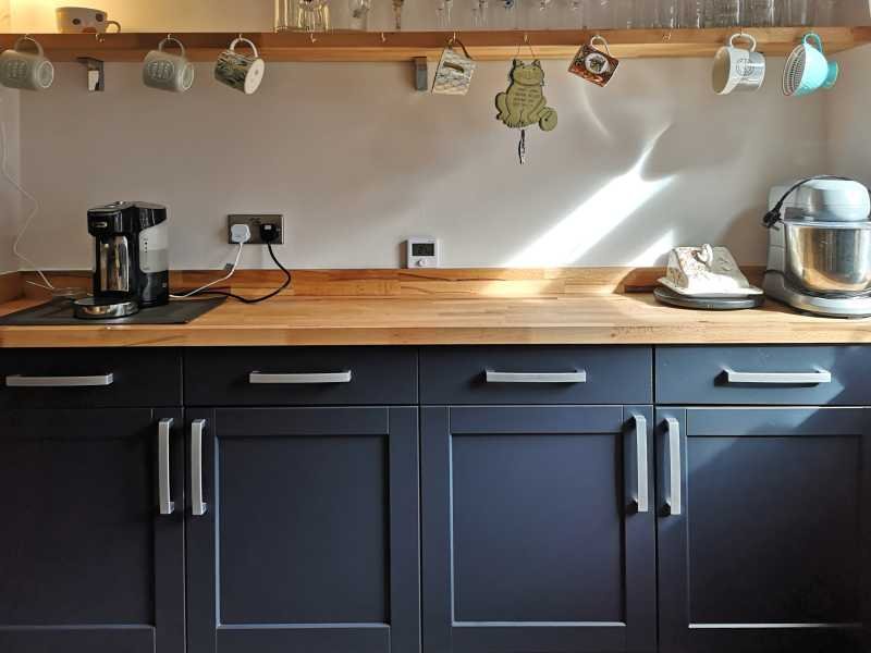 shaker style kitchen indigo blue and light grey sideboard
