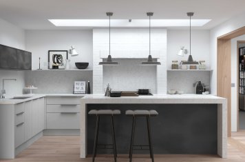 Matt light grey modern style kitchen with black steel look kitchen island