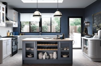 Traditional bepoke painted shaker steel blue and porcelain units light marble worktop