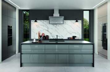 gloss dust grey and cashmere handleless modern kitchen complete