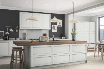 Contemporary handleless shaker style kitchen painted matte light grey