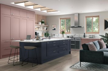 classic shaker kitchen painted slate blue and vintage pink