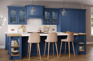mock inframe country style shaker kitchen in Parisian blue island front