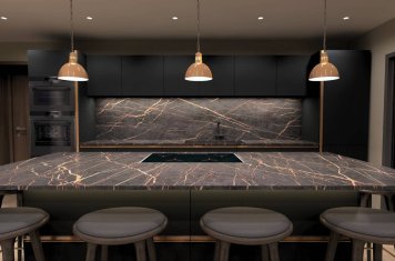 luxury modern true handleless dark matte kitchen island with led lighting and matte black hob