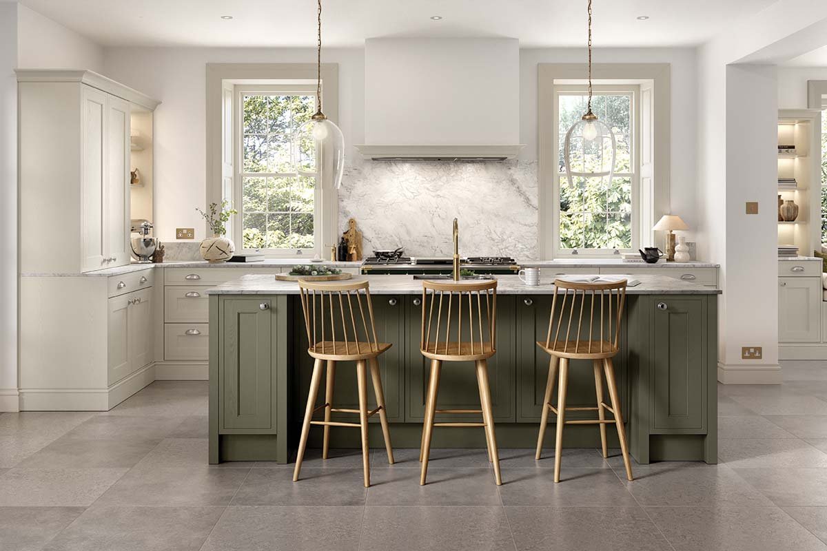 Contemporary Handleless Shaker Style Kitchen OG Kitchens Mock Inframe Shaker Kitchen Painted Taupe Grey Willow Green Main