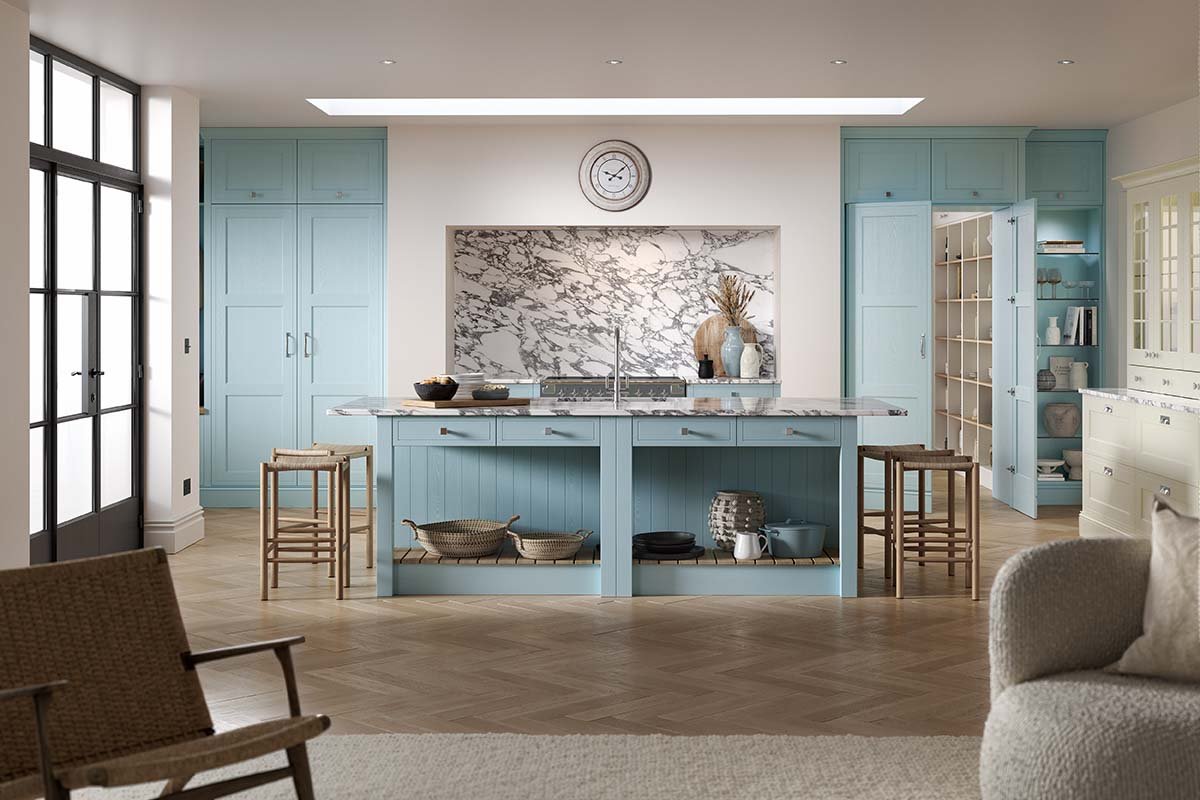 mock-inframe shaker kitchen painted pantry blue and porcelain